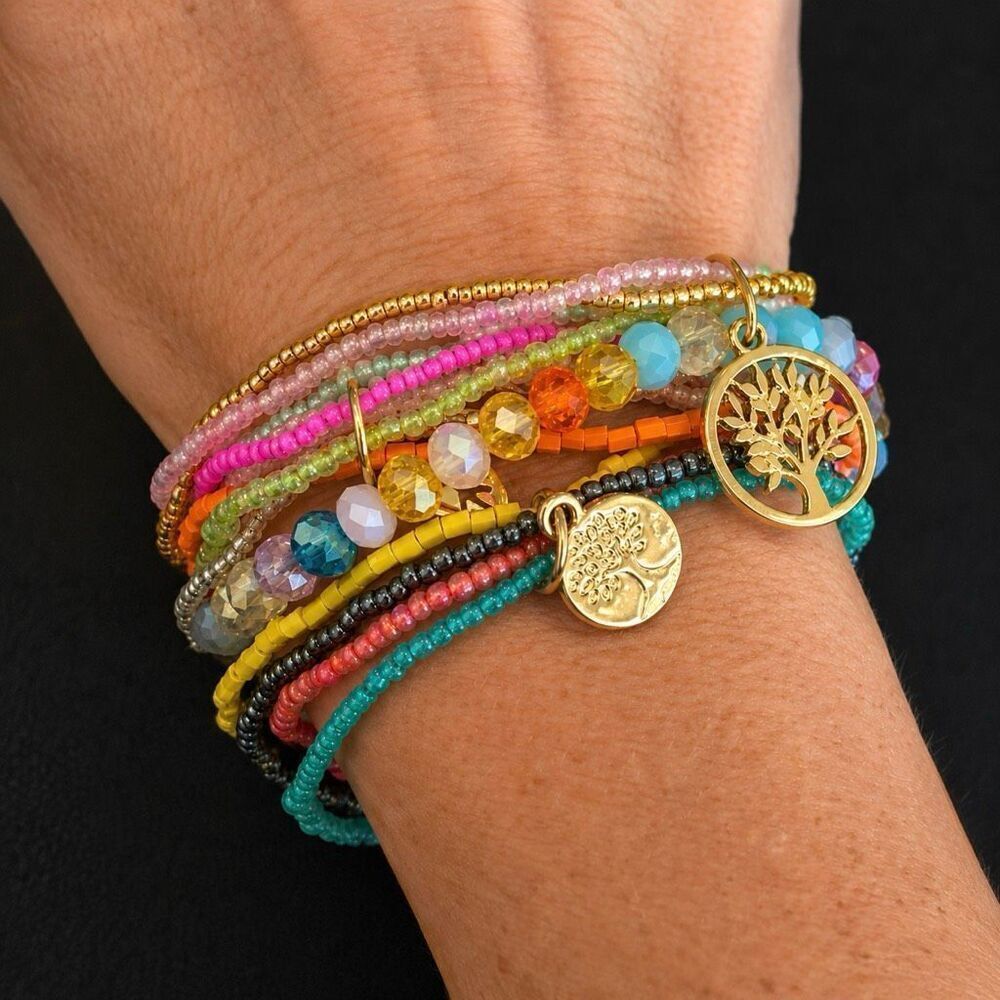 Tropical Layered Glass Bead Bracelets with Gold Tone Charms - Set of 3